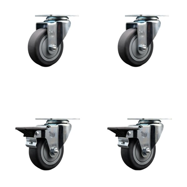 3.5'' Thermo Rubber Wheel Swivel Top Plate Caster Set with 2 Posi Brakes, 4PK